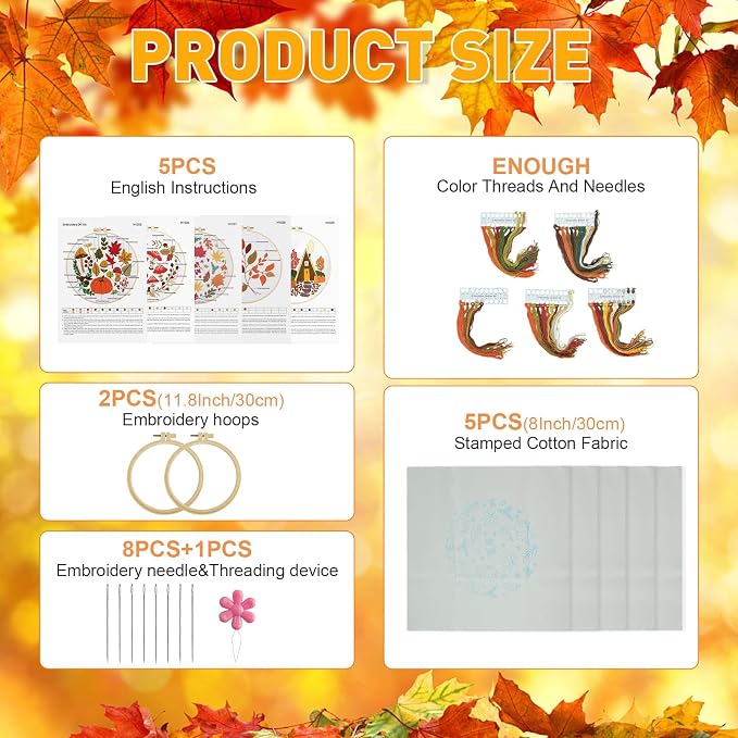 5 Sets Thanksgiving Fall Embroidery Kit for Beginners Adults Embroidery Starter Kit Mushroom Maple Leaf Cross Stitch Kits Embroiderys Needlepoint Kits Include Instruction 2 Hoops Color Threads Needles