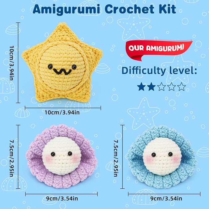 WaldyWop Crochet Kit for Beginners: 3Pcs Ocean Friends Wobbles Crochet Animal Kit for Starter Adults - Dly StressRelief Ball w/ 40% Extra Yarn, Easy Video & Instructions - Christmas Gift for Women