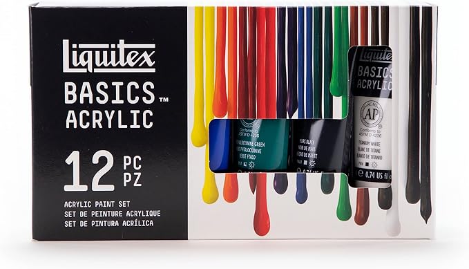 Liquitex BASICS Acrylic Paint Set, 12 x 22ml (0.74-oz) Tube Paint Set | Medium Viscosity, Satin Finish, Lightfast, Fine Art Pigments, Range of Opacities, Easy Blending