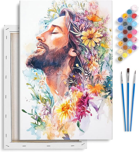 Yezavesu Framed Paint by Numbers Kit for Adults Beginner & Kids Ages 8-12, Jesus Paint by Numbers with Frame, DIY Number Painting for Adults Colorful Flowers for Home Wall Decor Gift 8X 12 inch | With Frame Canvas 8x 12 inch, DIY Acrylic Painting by Nu...
