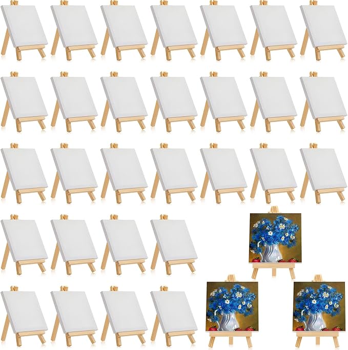 Mimorou 32 Pack Mini Canvas with Easel for Painting Wood, 5 x 5 Inch