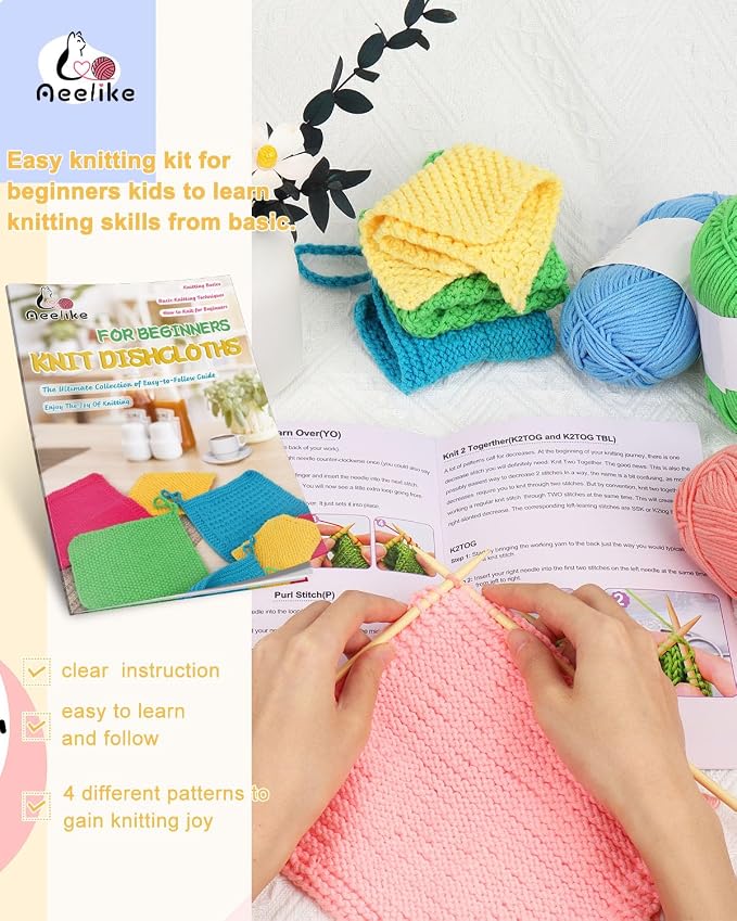 Aeelike Knitting Kit for Beginner Adult, Easy Dishcloth Knit Set, Color C | Knitting Set with Knitting Needles Milk Colorful Cotton Yarn Step-by-Step Instructions, Learn Basic Knitting, Ideal Gift