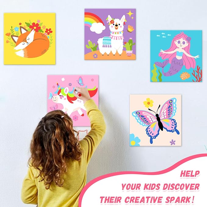 goldentime Kids Paint by Number Kits Including 6 Pre-Drawn Canvas for Painting, 6 Brushes 17 Paints and 2 Easels, Perfect Art Painting Kit, Arts and Crafts Painting for Kids Ages 8-12