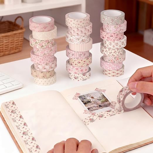 Gueevin 24 Rolls Floral Washi Tapes Set Scrapbook Supplies, Pink Floral | 15 mm Watercolor Flower Washi Tapes, Back to School DIY Craft Arts, Junk Journaling Planner Gift Wrapping Supplies