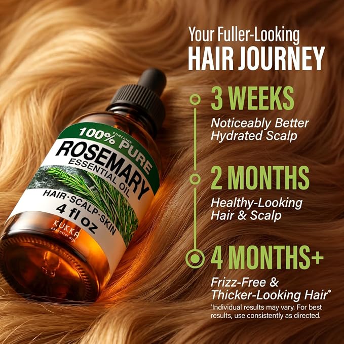 100% Pure Rosemary Essential Oil for Hair, Undiluted - 4 Fl Oz | Scalp and Skin Care, Organic, Steam Distilled Spanish, GC/MS Tested, Glass Bottle, for Diffuser, Aromatherapy, 3-6 Mo Supply