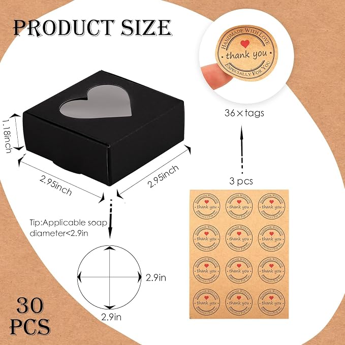 Moukiween Soap Boxes for Homemade Soap, Soap Packaging Gift Box with Window | 2.95 X 2.95 X 1.18 Inch Soap Packaging Gift boxes Black with Window, Small Square Soap Wrapping Boxes (30PCS)