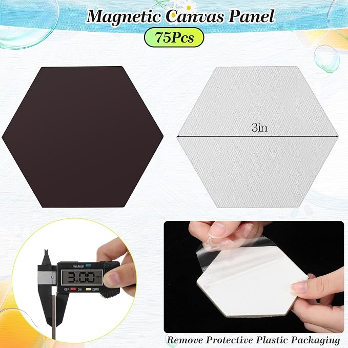 Nezyo 75 Pieces Magnetic Painting Canvas Panel Mini Canvas Boards Mini Canvases Tile Art for Painting Magnetic Fridge Locker Art Paints Crafts DIY Kit (Hexagon,3 Inch)