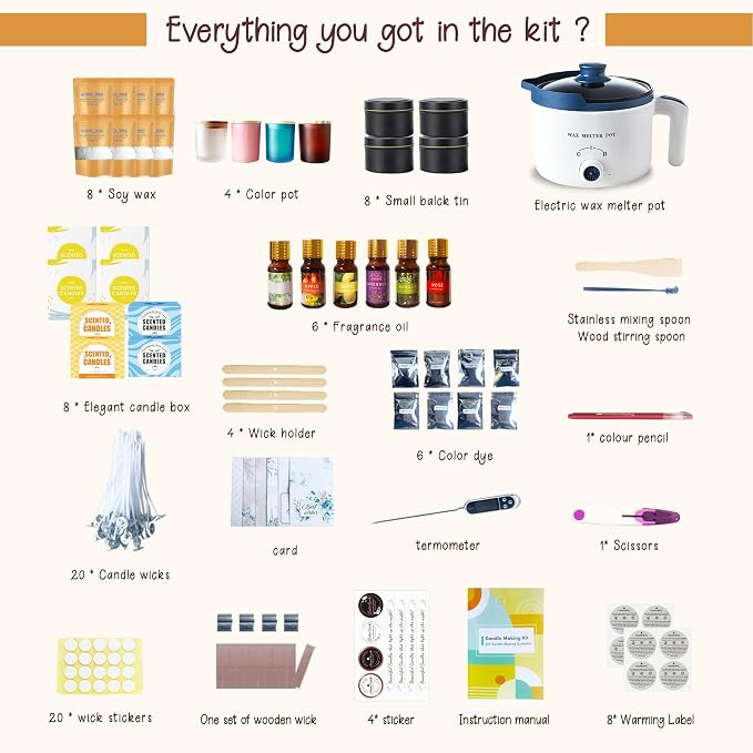 Scented Candle Making Starter Kit with Glass Jars for Adults | DIY complete candle maker set includes electric wax melter, jars, fragrances and dyes to make your own wax melts kit