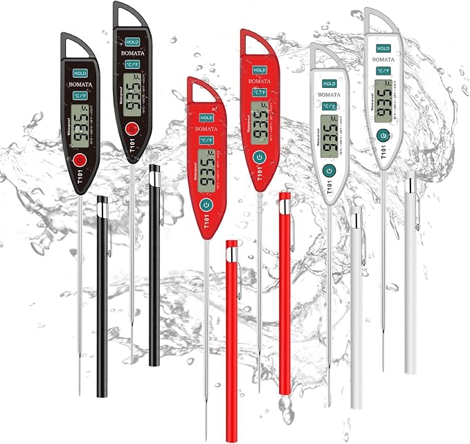 BOMATA 6 Pack Waterproof IPX7 Meat Thermometer, Food Thermometer | Instant Read, Long Probe for Water, Liquid, Kitchen Cooking, Grill,BBQ ! T101 X 6 Pcs (Black & Red & White)…