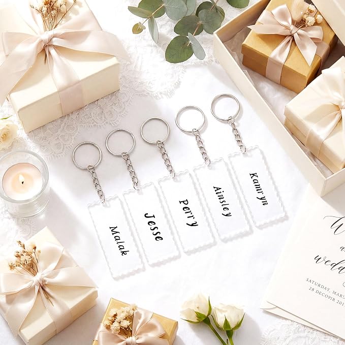 50 Sets Scalloped Clear Acrylic Keychain Blanks with Key Rings and Chains, Transparent Blank Keychain for DIY Vinyl Ornament, Name Tags, Drawing, Engraving, Decorate with Stickers