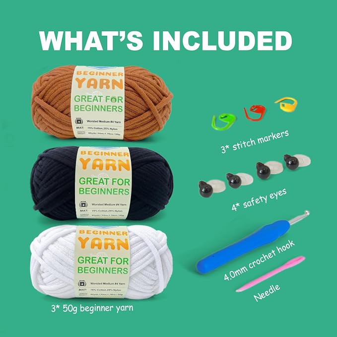 3 * 50g/1.76oz Yarn for Crocheting and Knitting, 3 * 60yds Beginner Yarn with Easy-to-See Stitches; Worsted-Weight Medium #4;Amigurumi-Friendly Crochet Kit(Coffee+Black+White)