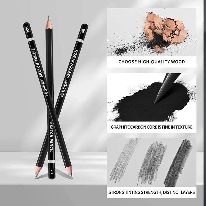 GETHPEN Drawing Sketching Pencil Set, 14 Pieces Graphite Pencils(14B - 4H) | 14Pcs Graphite Drawing Pencil Set, 14B to 4H Hardness, Sketch Shading Supplies for Beginners and Professional Artists