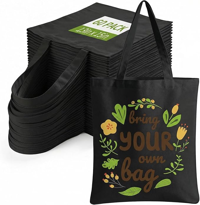 60-Pack Sublimation Blanks Tote Bags, Black Canvas Bags for DIY Gifts | Reusable grocery shopping totes, heat transfer & HTV ready, personalized gifts for women, men, advertising, Party Shopping