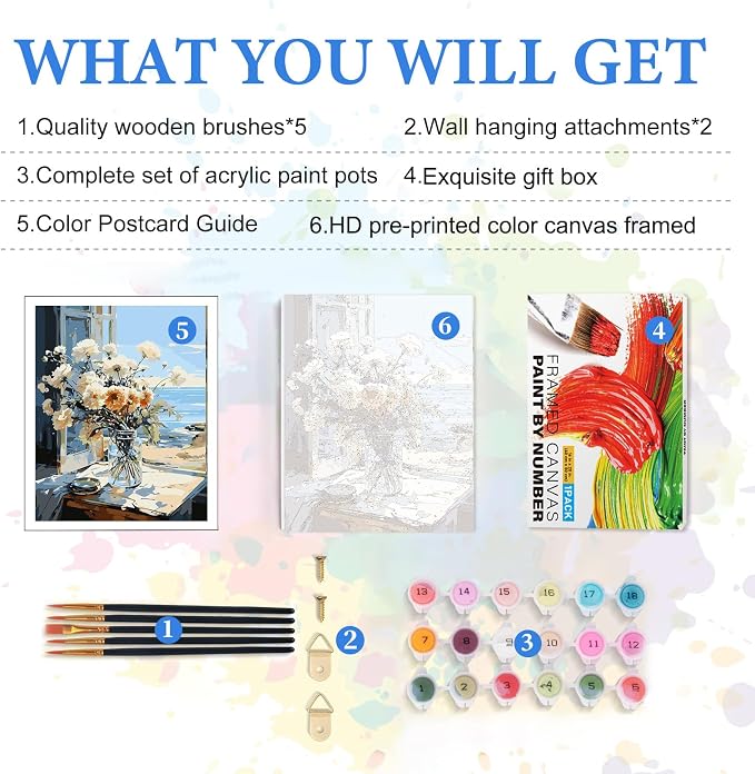 PRASIO Framed Paint by Numbers Kit for Adults Beginner, Flowers Adult Paint by Number Kits on Canvas Framed, DIY Acrylic Watercolor Oil Paint by Numbers with Frame for Gift Home Decor 16x20 Inch