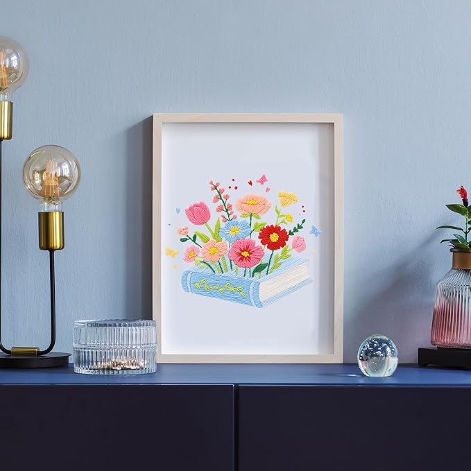 Louise Maelys Floral & Book Embroidery Kit for Beginners DIY Craft Kit | Complete Needlepoint Kit with Embroidery Hoop, Printed Fabric, Color Threads, Needles and Instruction for Easy Hand Stitching