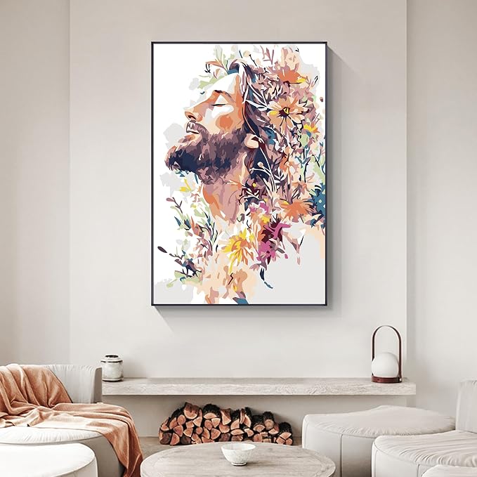 Yezavesu Framed Paint by Numbers Kit for Adults Beginner & Kids Ages 8-12, Jesus Paint by Numbers with Frame, DIY Number Painting for Adults Colorful Flowers for Home Wall Decor Gift 8X 12 inch | With Frame Canvas 8x 12 inch, DIY Acrylic Painting by Nu...