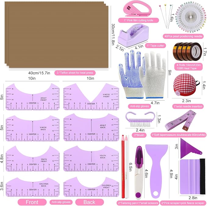 XEUZK Sublimation Shirts Tool Kits With 8 T Shirt rulers, 3Pack Teflon Sheet for Heat Press 12*16in, Heat Resistant Gloves & Silicone Bumps, 2 Rolls Heat Resistant Tape & Sublimation pencil (Violet)