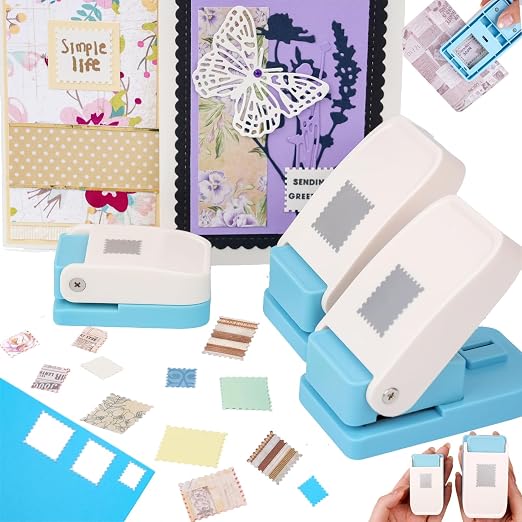 3 Pcs Stamp Punch, 1x0.8inch Medium Stamps Shaped Punch, 1 Inch Square Stamps Hole Puncher, 0.6x0.5 Inch Mini Rectangle Stamp Cutter, Lever Craft Paper Punches for Crafting Diy Scrapbooking Journaling