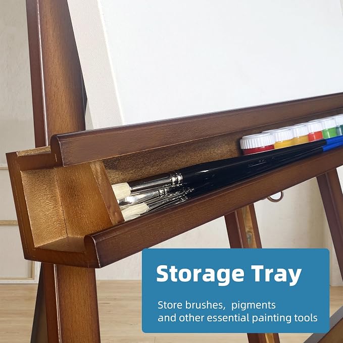 Adjustable Beechwood A-Frame Studio Easel with Storage Tray, Brown