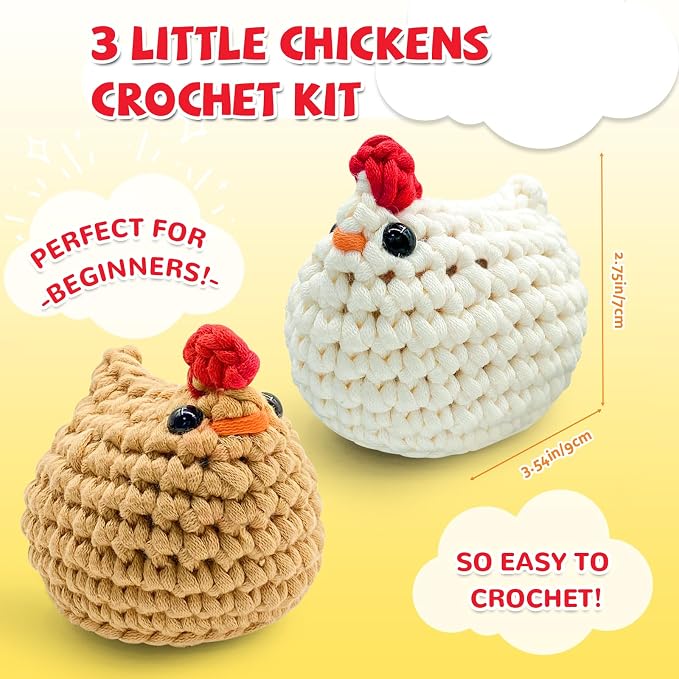 SGIBYN Crochet Kit for Beginner - DIY 3 Chickens Amigurumi Set with Video