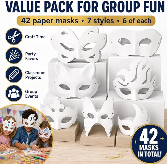 42 Pcs Blank Paper Mache Masks DIY Masquerade Masks Paintable Craft Masks | For Party, Art Projects & School Activities, Theater, Halloween, Cosplay, Couples, Mardi Gras, Half-Face Masks White 7 Styles