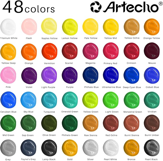Artecho Acrylic Paint Set 48 Colors 2oz/59ml with 12 Brushes, Art Supplies | Permanent rich pigment non-toxic craft kit for canvas, fabric, rock, wood, ceramic, Great gift for adults & beginners