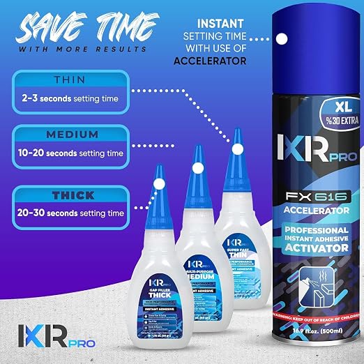 CA Glue with Activator Kit – 6 x 1.75 oz (Thin, Medium, Thick) + 2X 16.9 fl oz Accelerator Spray, Cyanoacrylate Super Glue for Woodworking, 3D Printing, Plastic, Guitar Repair & Hobby Projects