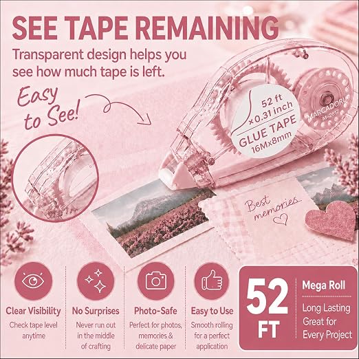 MARCADORUS Glue Tape Roller, Double Sided Tape Scrapbook 4 Pack Extra Long | 52Ft x 0.31In Per Roller, Clean Adhesive for Photos, Scrapbooking, Journaling, Card Making, Paper Crafts & Teacher Supplies