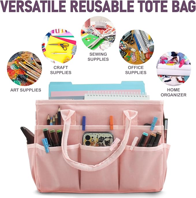 Cupohus Craft Organizer Bag, Pink Art Supply Tote with Multiple Pockets