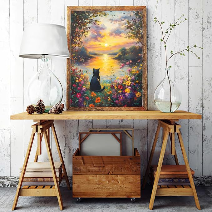 GEWOUVIN Black Cat Diamond Art Kits for Adults, Flower Diamond Painting Kit for Beginners, Round 5D DIY Dimond Art,Full Drill Painting Kit Art and Crafts for Adults Home Wall Decor【11.8x15.7inch】