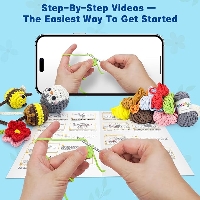 WaldyWop Crochet Kit for Beginners: 3 Animal Bookmarks Craft Kit,Women Gift