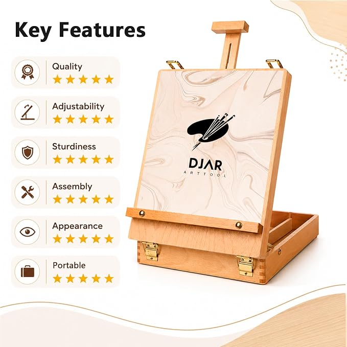 DJAR Tabletop Sketchbox Art Easel for Painting, Solid Beech Wood, Natural | Adjustable Desktop Art Stand with Storage Drawer, Portable Wooden Tool Box for Sketching, Drawing and Painting Supplies ﻿