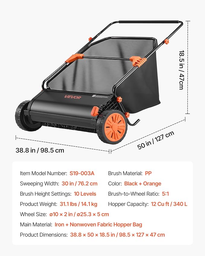 VEVOR Push Lawn Sweeper 30 in Leaf & Grass Collector 12 cu. ft. Hopper Bag