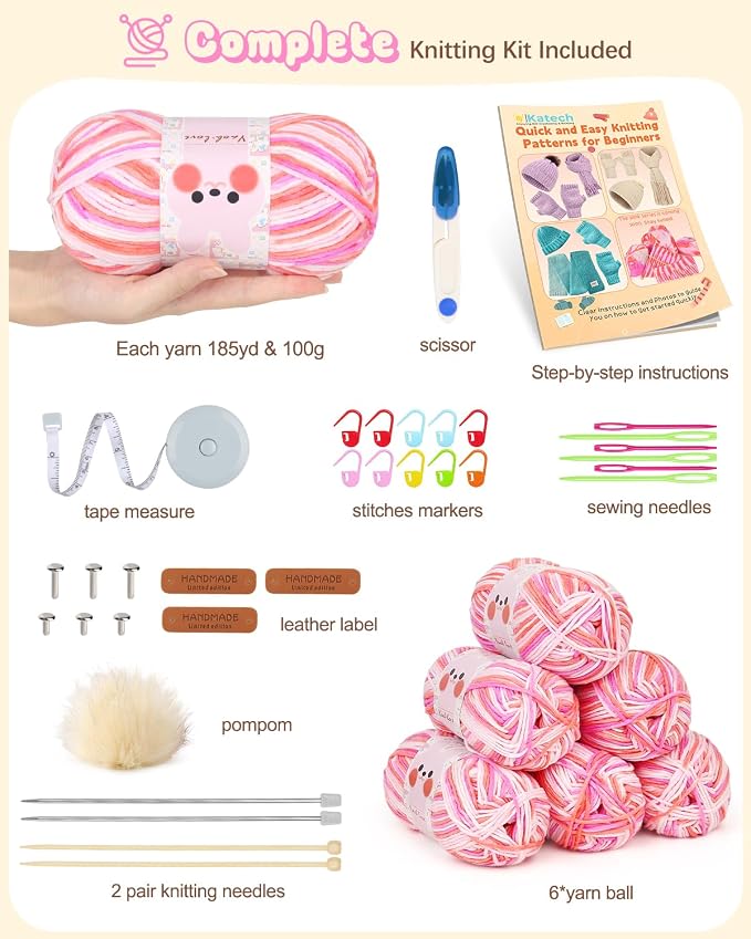 Katech Knitting Kit for Beginner- Beginners Knitting Kit for Adults Kids | Complete Hat, Scarf, Gloves Starter Knitting Kit with Step-by-Step Video Tutorials-Ideal Gift