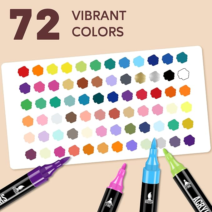 Pagather Acrylic Paint Markers, 72 Colors Dual Tip Fine & Brush Pens Set | For Rocks, Fabric, Wood, Glass & More, Perfect for DIY Crafts and Creative Art Projects with Bright, Smooth and Quick-Dry Ink