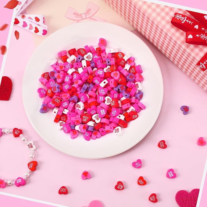 Augshy 300Pcs Conversation Heart Beads,Valentine's Day Polymer Clay Beads