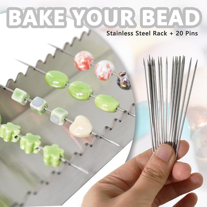 UPTTHOW Bead Baking Rack for Polymer, Jewelry Making Tool with 20 Skewers | Stainless steel rack and skewers, heat-resistant, reusable, 3.5" length skewers in tube, 20 grooves for drying and baking