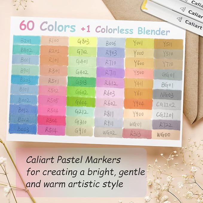 Caliart Pastel Alcohol Markers 61 Colors Fine & Chisel Dual Tip Art Markers | Coloring Markers Set with Carrying Case for Adults Coloring Book Drawing Sketching Painting Illustration