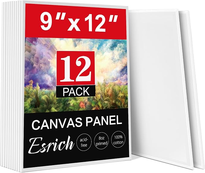 ESRICH 9x12 Canvas for Painting, 12 Pack Canvas Boards for Painting Cotton Primed Acid Free Blank Flat Canvas Panels for Oil Watercolor Acrylic Tempera Paint.