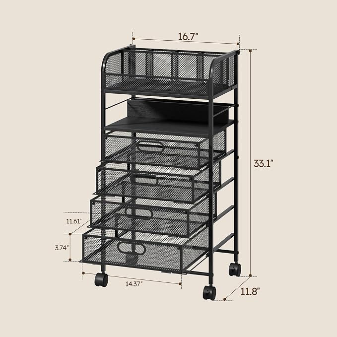 Homsorout Rolling Art Cart with 4 Drawers, Black