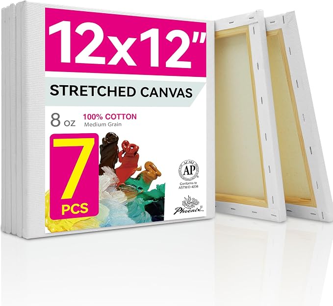 PHOENIX Stretched Canvas for Painting 12x12 Inch/7 Value Pack, 8 Oz Triple Primed 5/8 Inch Profile 100% Cotton White Blank Canvas, Square Framed Canvas for Oil Acrylic & Pouring Art