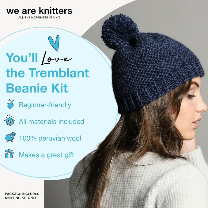 We Are Knitters Tremblant Beanie Kit | Beginner Knitting Gift Kit | Easy Flat Knit Winter Hat | Cozy DIY Handmade Beanie Set