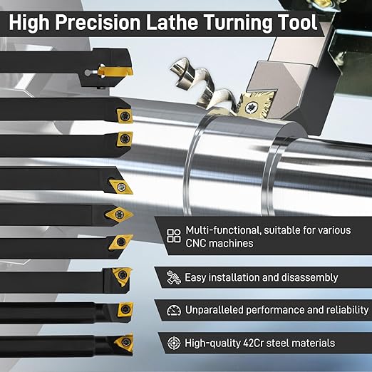 Indexable Lathe Turning Tool 27Pcs Kit 3/8'' 10mm Shank, 9Pcs Metal Lathe Tools Holder Set with 18Pcs Inserts, for Turning Grooving Threading Boring, Lathe Tooling with Reverse Tool Design