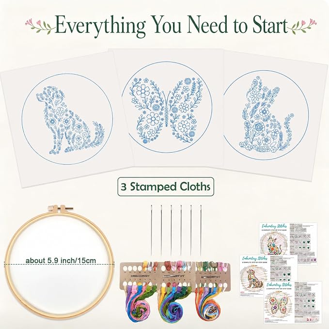 Nuberlic 3 Pack Embroidery Kit for Beginners with Animal Floral Patterm