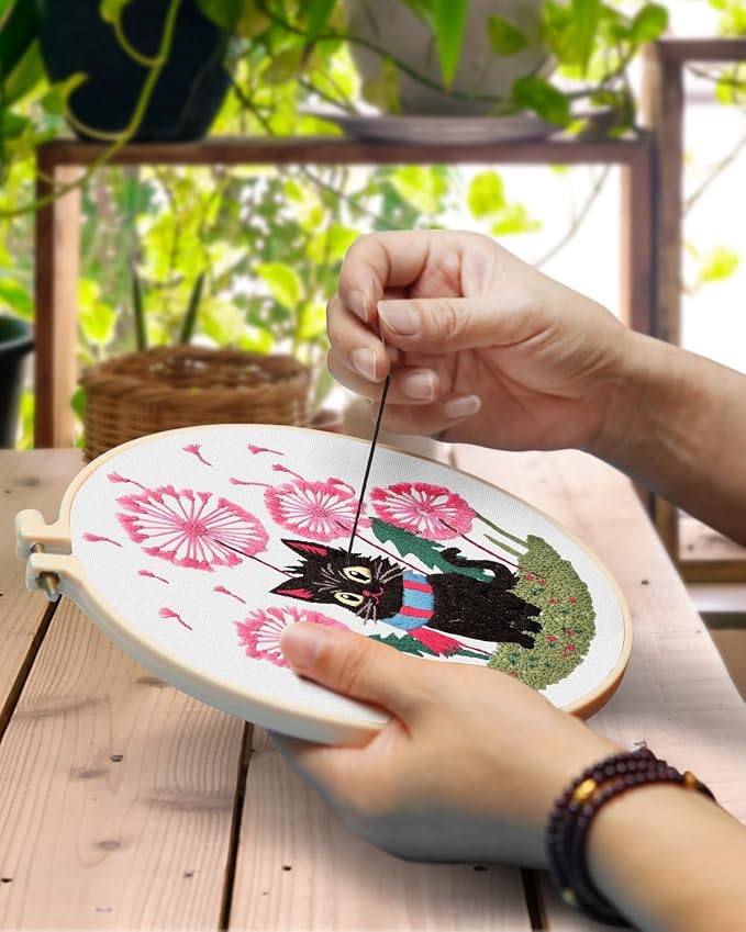 TINDTOP Embroidery Kit for Adults, Cat Embroidery Practice Kit | for Beginners Include Embroidery Cloth Hoops Threads for Craft Lover Hand Stitch with Embroidery Skill Techniques