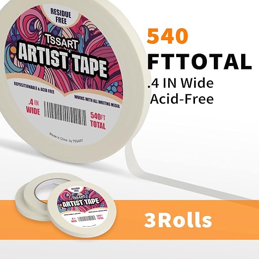 3 Pack White Artist Tape - Masking Artists Tape for Drafting Art Watercolor Painting Canvas Framing - Acid Free 0.4 Inch Wide 180FT Long