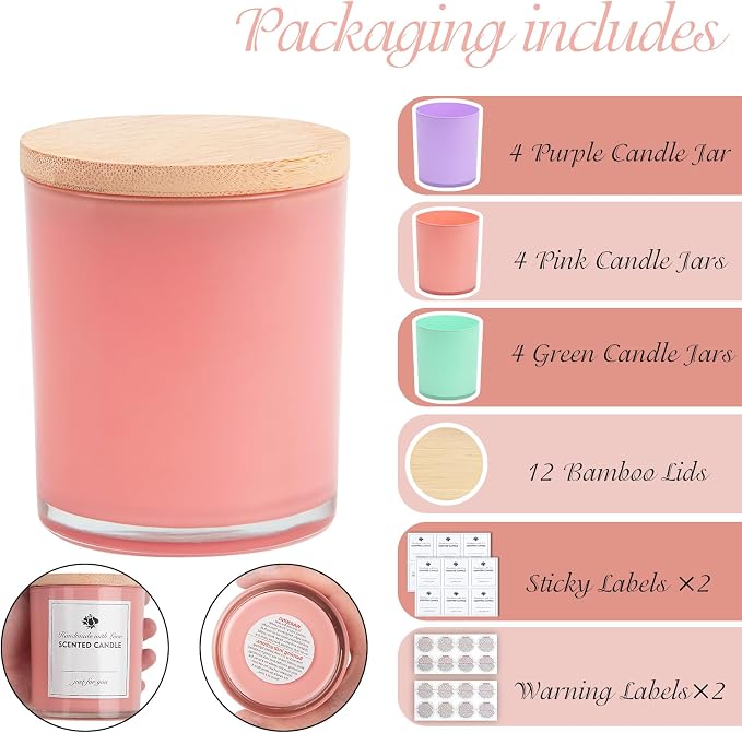CONNOO 12 Pack 10 OZ Colorful Glass Candle Jars | Airtight Bamboo Lids Nice Sticky Warning Labels for Candle Making Empty Container Bulk - Dishwasher Safe