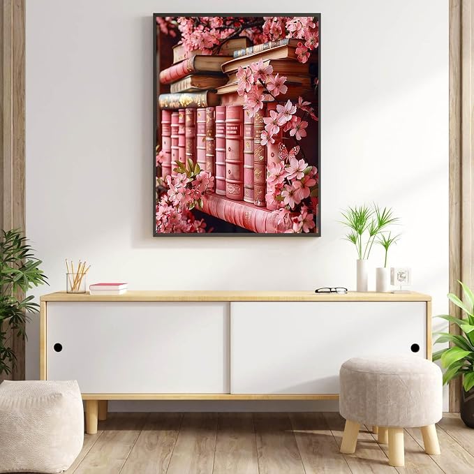Diamond Art Kits for Adults Pink Bookshelf Diamond Painting Kit 12x16in | 5D Flowers Diamond Art Painting Kit for Adult, DIY Full Round Drill Pink Gem Art Diamond Dots Kits for Home Wall Decor Gift