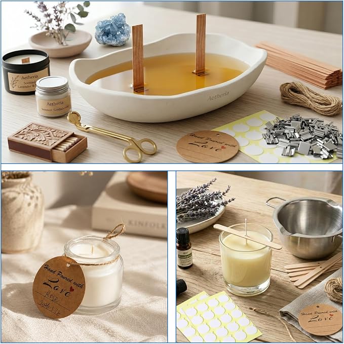 375Pcs Candle Making Kit, 8 Inch Cotton Wicks & 5 Inch Wood Wicks | Wick Holders, Candle Stickers, Tweezers, Pen, Use for DIY, Home Craft, Gift Making