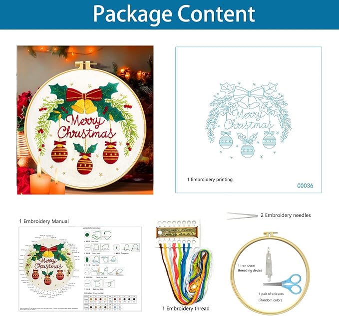 Zhenqing Merry Christmas Embroidery Kit for Beginners, Red Bells and Ornaments Craft Set with 20cm Hoop, Printed Design on 29x29cm Cotton Fabric, DIY Holiday Wall Art (C0036)